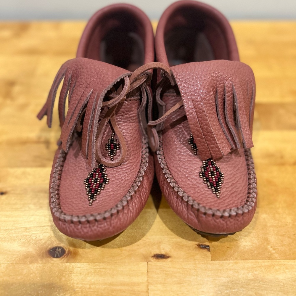 Leather Fringe Moccasin Shoes with Beaded Detail, NWOT - Size 7